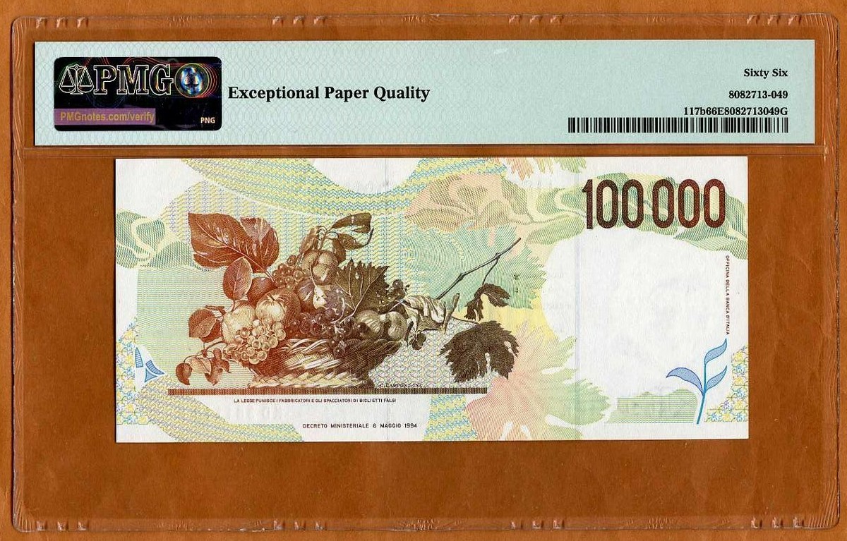Italy, 100,000 Lire, 1994, P-117b, PMG-66 Gem UNC | eBay