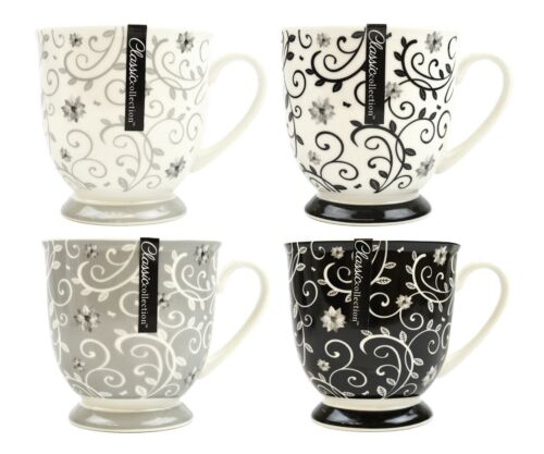 Set of 4 Coffee Mugs Tea Cups Floral Swirl Grey Black White Bone China Large - Picture 1 of 6