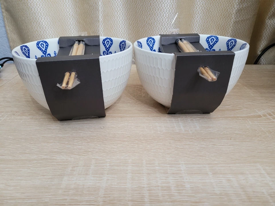 Set of 2 Blue & White Signature Housewares Incorporated Noodle Bowls + Chopstick - Image 2 of 4