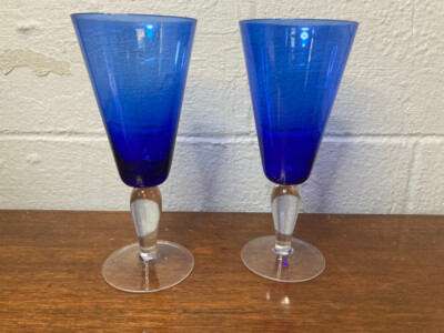Blue Crystal Champagne Glasses Hand Blown Glass Destiny Flutes Spectrum set of 2
