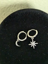 Star Moon Dangle Huggie Earrings Silver Tone Boho Hippie Fairy Cottage Farmhouse