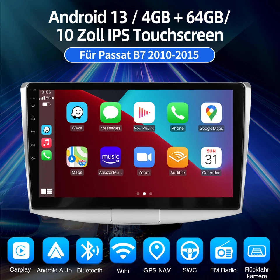 10" Android 13 DAB+ Carplay Autoradio 4+64G Für VW Passat B7 CC 10-15 GPS Cam - Bild 2 von 4
