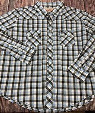 Vintage Wrangler Pearl Snap Shirt Men s 2XL Blue Plaid Cowboy Rodeo Long Sleeve