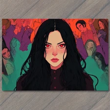 Art Print Red Eyed Woman Dark Hair Crowd Chaos Fiery Background Stare Bold