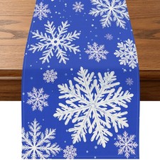 72 x 13 Inch Christmas Table Runner   Navy Blue Linen Table Runner with White an