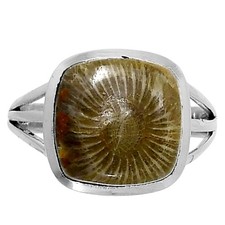 Premium Quality Flower Fossil Coral 925 Sterling Silver Ring s.8 Jewelry R-1006
