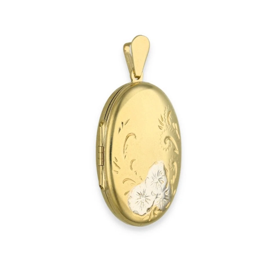 Medallón ovalado grabado con flores de oro amarillo y blanco de 9 quilates - 17x24x6 mm Foto 4 de 4