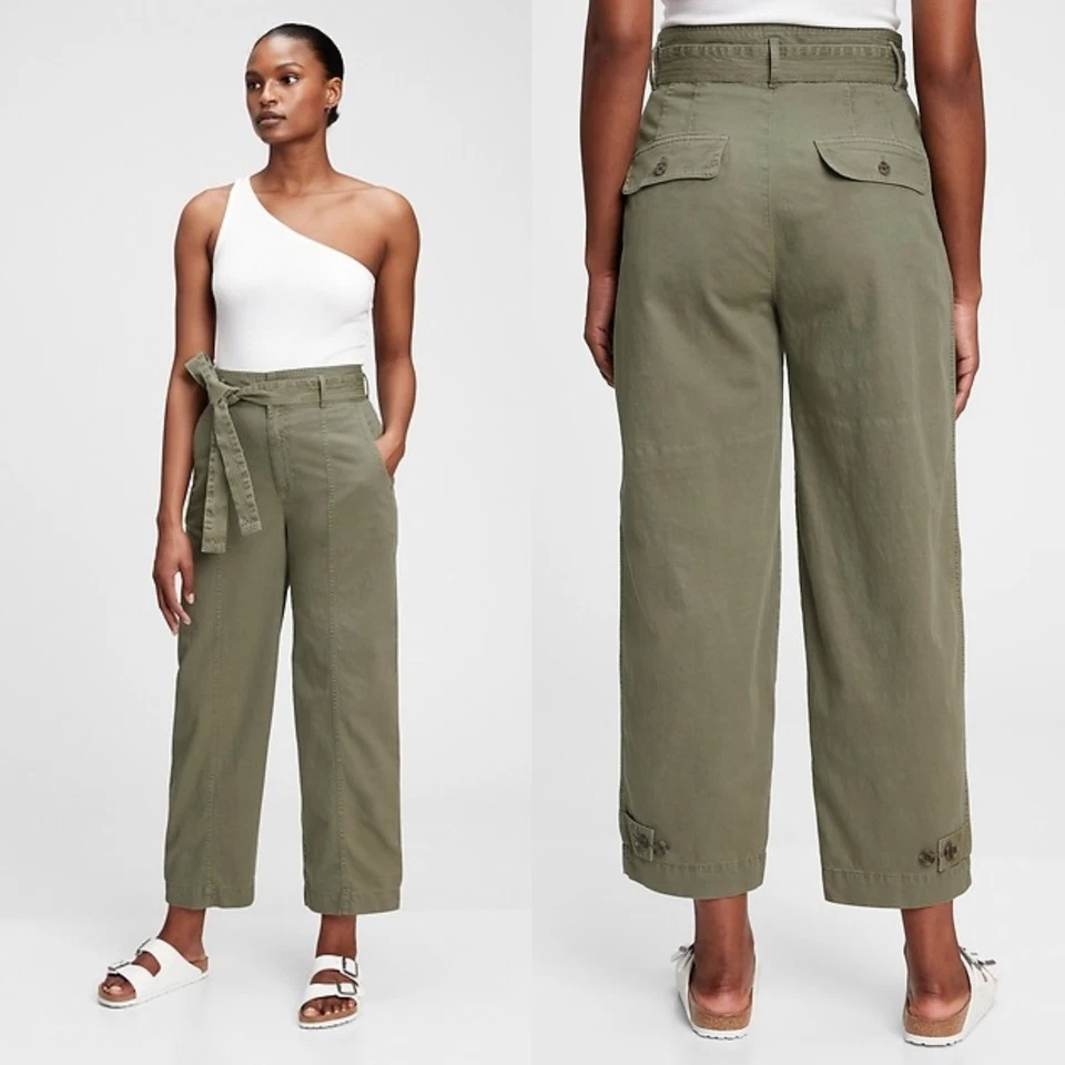 Calça GAP Feminina Sky High Bolsa de Papel Cáqui Tamanho 12 Alta Mesculen Verde Mescla de Cânhamo - Imagem 2 de 4