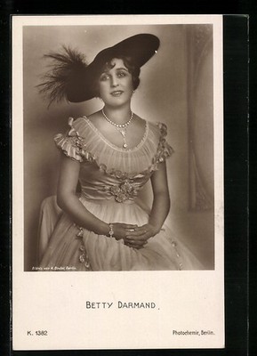 Actress Betty Darmand in classy dress and with hat, postcard 