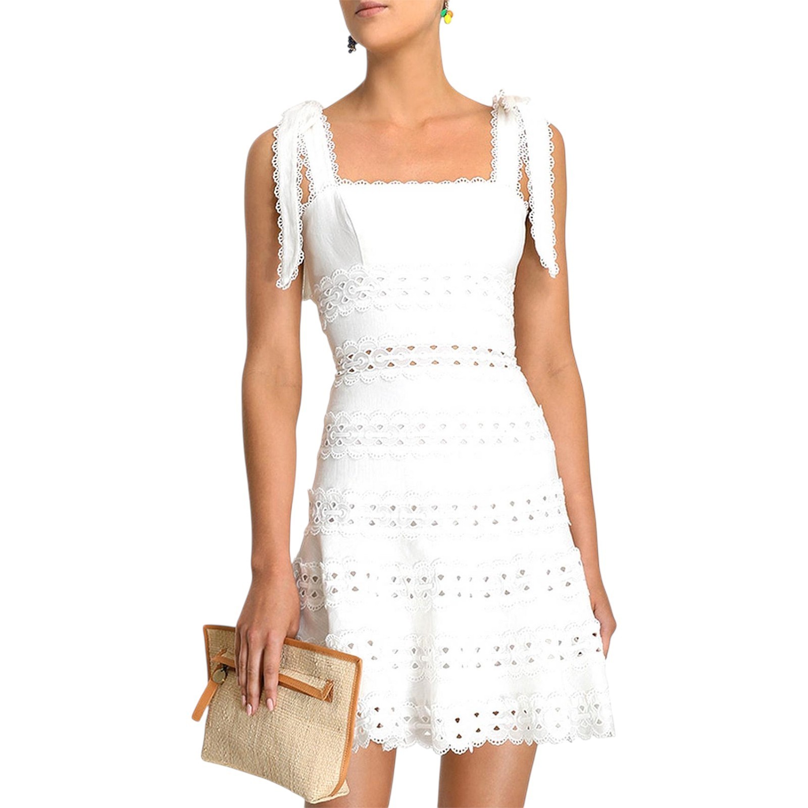 Zimmermann Kirra Dress Size 2 AU 12/US 8 Linen Ivory Tie Shoulder Eyelet Mini