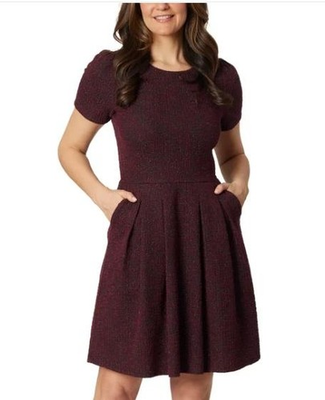 #ad Draper James Womens Dress Dark Red Pockets Crewneck Short Sleeves Fit amp; Flare $54.99
