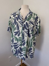 Marine Layer Linen Blend Short-Sleeve Button-Up Green  Blue Leaf Shirt Size XL
