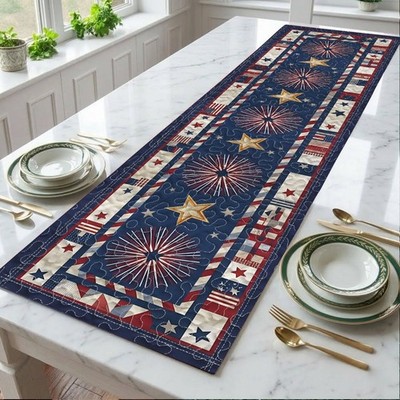 4th of July Table Runner Red White Blue Firework USA Patriotic Dining Decor Gift