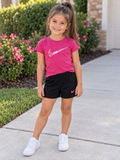 Nike 2-Piece Outfit Set Pink Swoosh Tee Black Shorts Girls Size 4 NWT