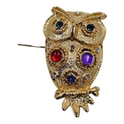 Vintage Gold Tone Owl Brooch Pin Multicolor Rhinestone Cabochon Costume Jewelry