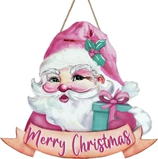 Merry Christmas Pink Santa Claus Front Door Sign, Xmas Gift Wood Hanger... 