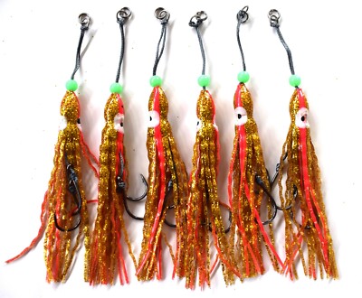 6 pieces 4.75'' Soft Twisted Crinkle Octopus Hoochies Squid Skirts Rig -gold/Red