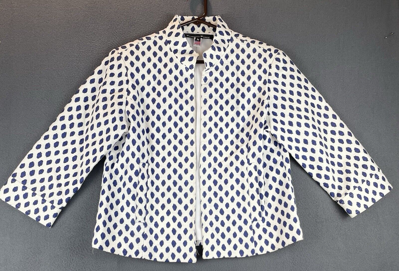 Giacca pony vintage dipinta taglia M blu bianca foderata a pois aperto colletto anteriore elegante usata in ottime condizioni