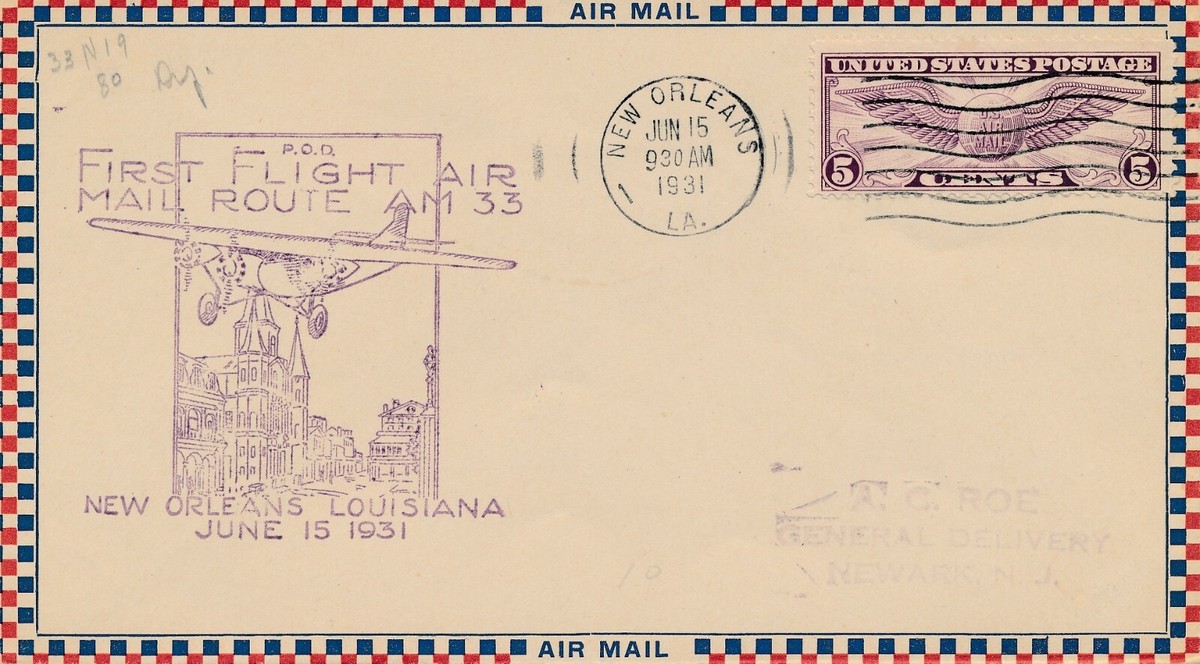 1931 First flight cover AM 33 New Orleans Newark New Jersey #459