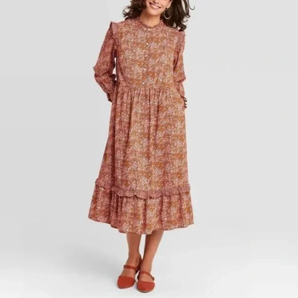 Universal Thread Target Long Sleeve Pink Orange Long Sleeve Midi Ruffle  Dress