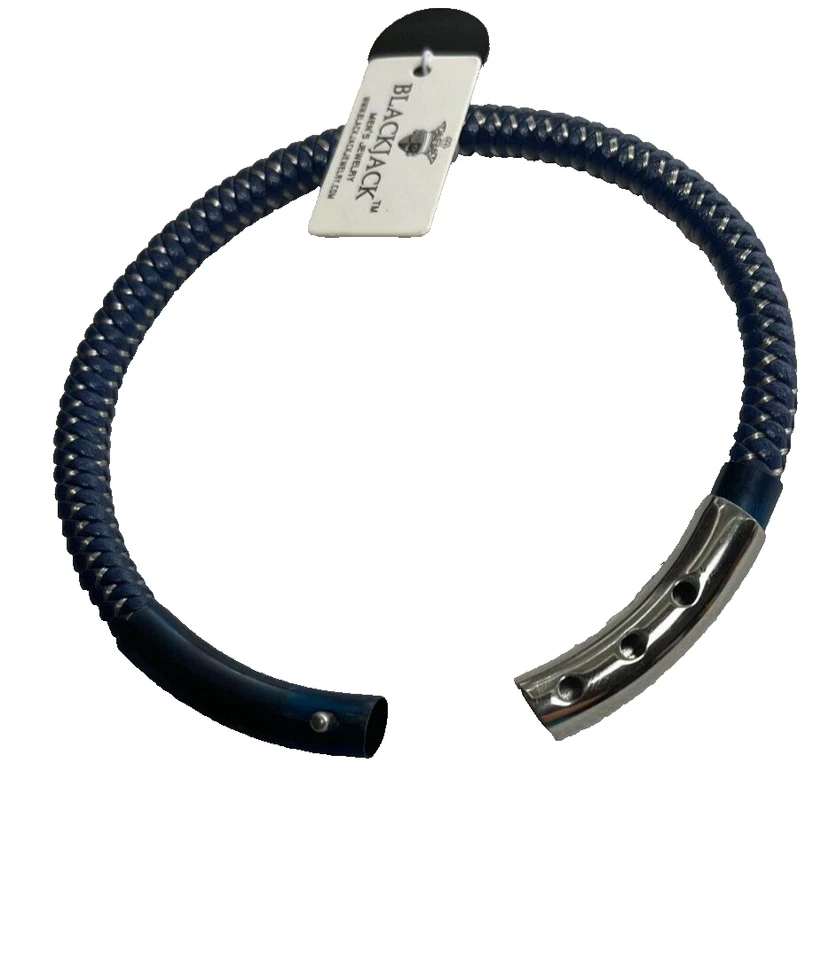Blackjack Blue Metallic Woven Leather Silver Accent Stainless Steel Men Bracelet - Image 4 of 4