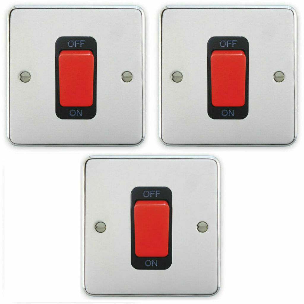 3 x Deta 1923CHB Double Pole Switch 1 Gang 45 Amp Polished Chrome / Black Insert