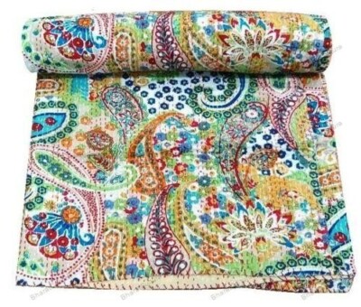 Handmade Flower Pattern Kantha Quilt Reversible Bedspread Double Cotton Coverlet