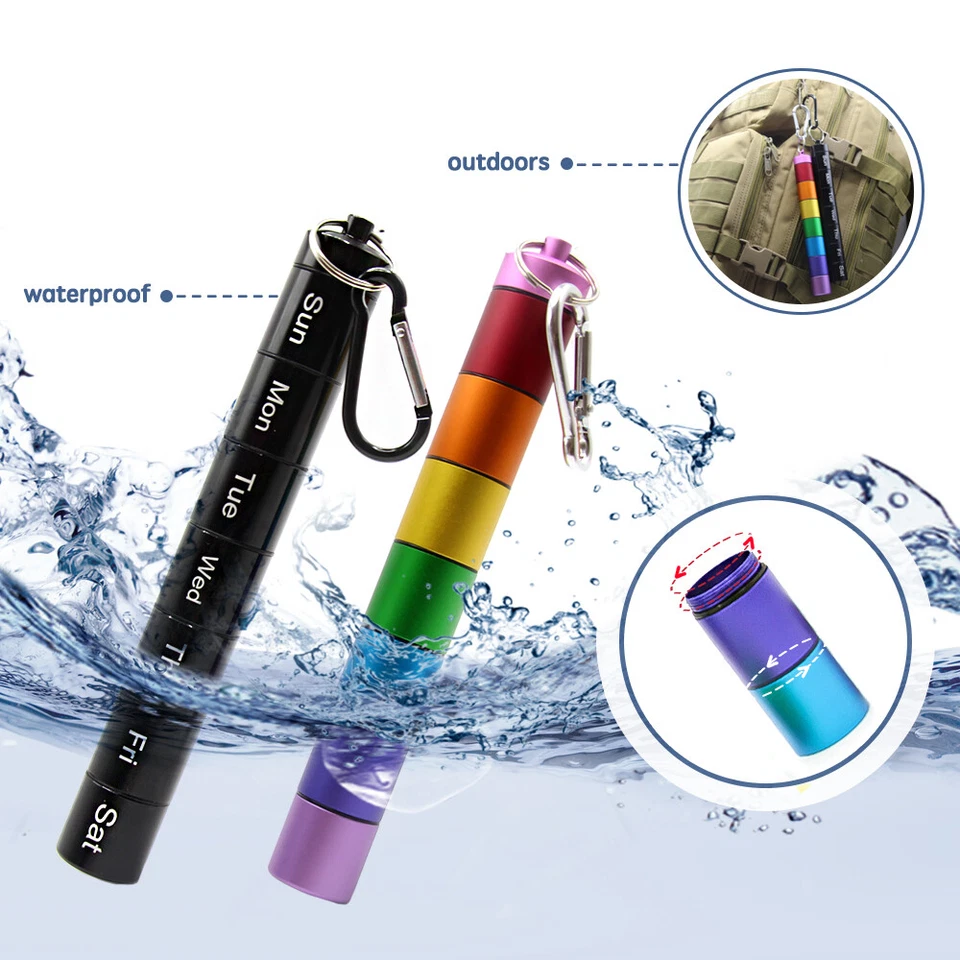 7 days Pill Box Metal Medicine Bottle Drug Holder Pill Container Case Keychain - Image 2 of 4