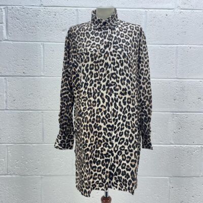 H&M TAN LEOPARD SHIRT DRESS LONGLINE OVERSIZED SATIN BUTTON UP ANIMAL UK S  UK