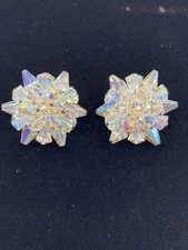 Signed Alice Caviness Aurora Borealis Glass Bead Cluster Clip Earrings Vintage