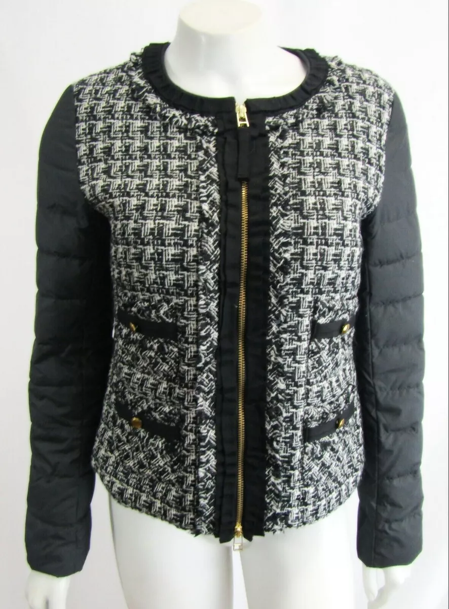 LANVIN en Bleu Black White Tweed Down Puffer Jacket Pockets Ruffled Trim 38 0 2