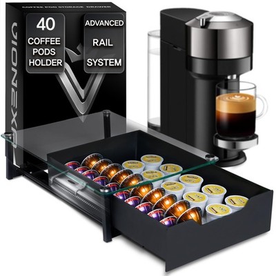 Coffee Pod Holder with Rail Drawer Compatible with Nespresso Vertuoline and K...