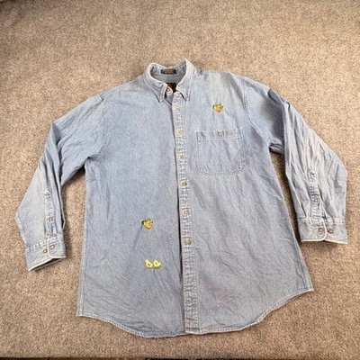 VTG 80s Savile Row Norfolk Denim Shirt Mens 16.5 Blue Embroidered Chickens Farm