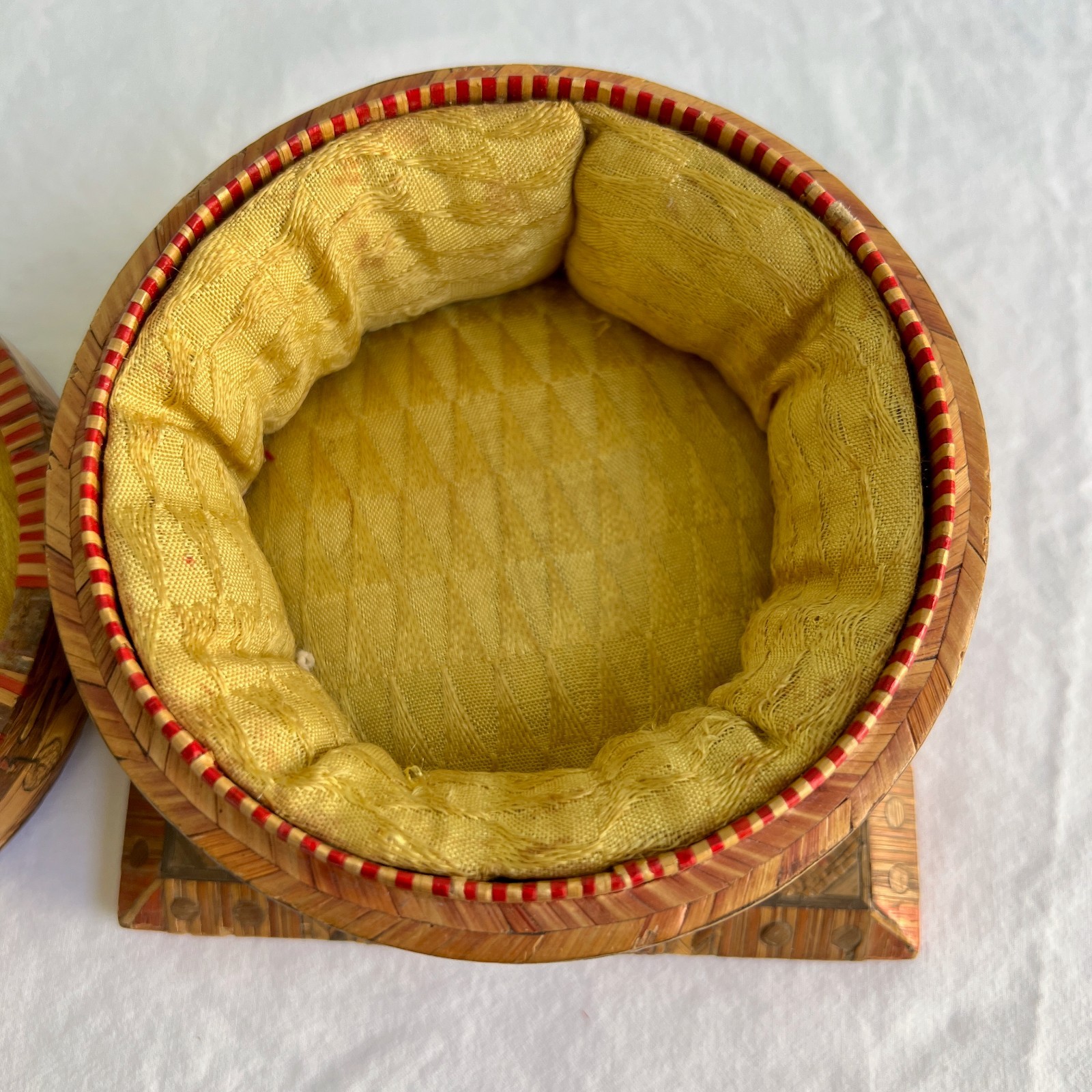 Vintage Handmade Straw Work Wood Marquetry Sewing Box Folk Art One of a Kind