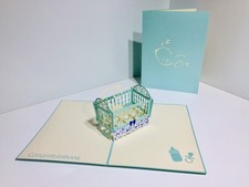 Origami Pop Cards Metallic Baby Cot in Mint Blue Newborn Baby Best Wishes 3DCard
