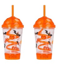2pk Halloween Tumbler Light Up Cup with Straw Orange Bats Pumpkins New