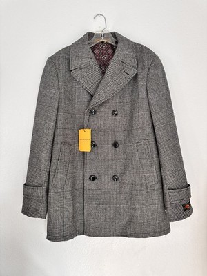 Signature Collection Men s Gray Plaid Double-Breasted Peacoat Jacket Size Large 