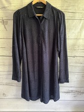 Yours Shirt Dress Size 18 Navy Blue 100% Viscose Broderie Anglais Long Sleeves