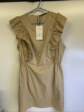 Zara Cotton Poplin Mini Dress Bloggers Favorite Ruffled Beige Tan Cream L