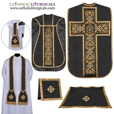 NEW Black Roman Chasuble Fiddleback Vestment and Mass set - PX embroidery