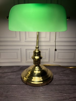 Vtg Lite Source LS-224SB Bankers Desk Lamp Emerald Green Glass Shade GREAT BRASS