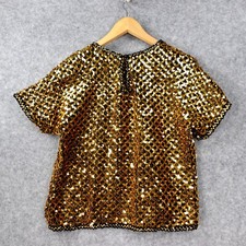 80s Vintage Sequin Party Blouse Womens M Gold Black Whimsy Gatsby Glam ADAMO USA