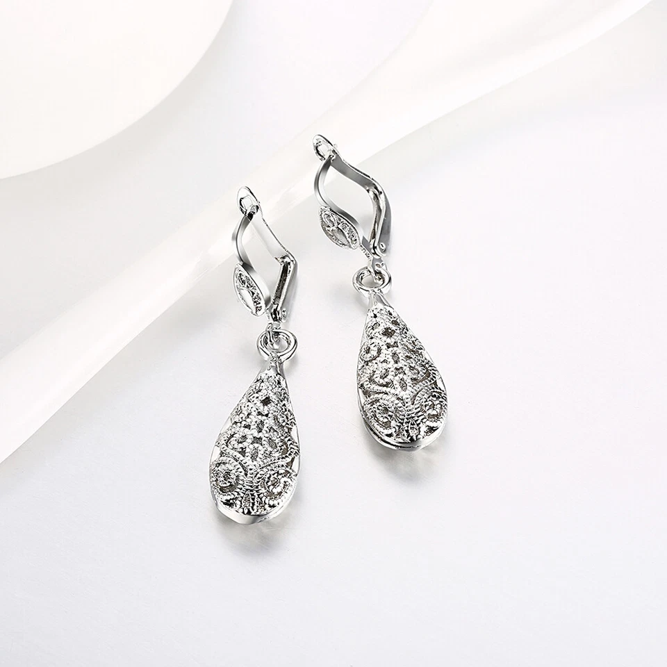 18K White GOLD Filled Elegant Women Filigree Drop Earrings VINTAGE LOOK Stunning — 第 4/4 张图片