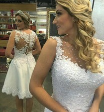 Sleeveless Short Wedding Dresses Knee Length Beaded Appliques A Line Bridal Gown