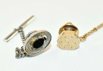 Mid Century Two Tie Tacks Gold Tone Silver Black Stone  Button Stay Vintage BX-7