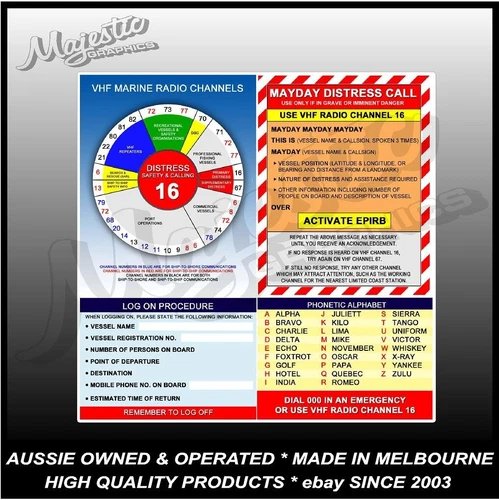 VHF MARINE RADIO CHANNELS - 180mm x 180mm  - BOAT SAFETY - DECAL / STICKER
