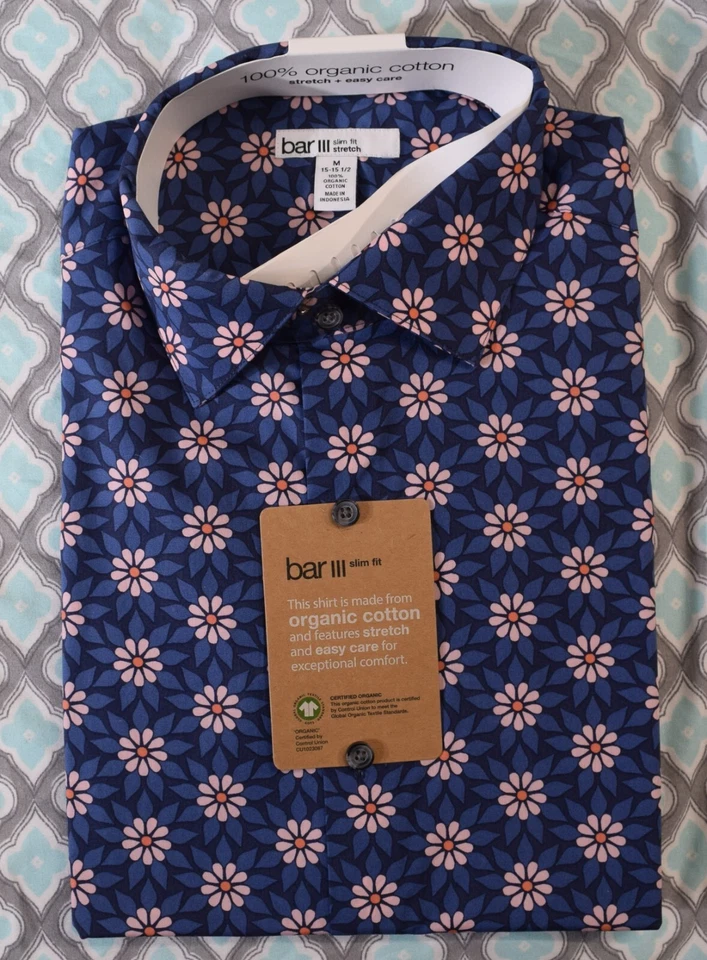 Camisa social masculina Bar III slim fit desempenho stretch retrô estampa margarida azul marinho GG - Imagem 2 de 4