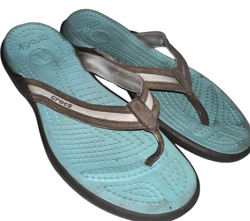 Crocs Capri Suede Womens Flip Flop Sandals Sz 10 Blue Brown READ