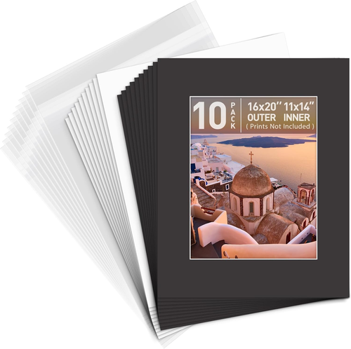 , Pack of 10 16X20 Black Picture Mats Mattes with White Core Bevel Cut for 11X14