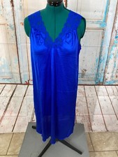 Vintage Vanity Fair Size M Royal Blue Nightgown Shiny Slick Lacey Sleeveless